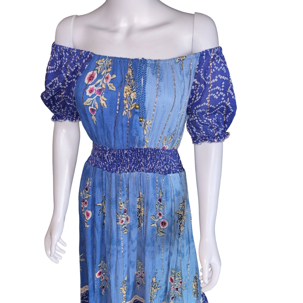 Ananta Blue Floral Metallic Lurex Smocked Off Shoulder Maxi Dress Womens S/M